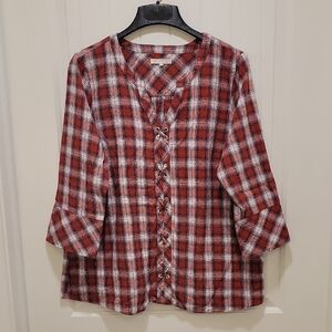 Skies Are Blue Red Plaid 3/4 Sleeve Flannel Top Size 1X